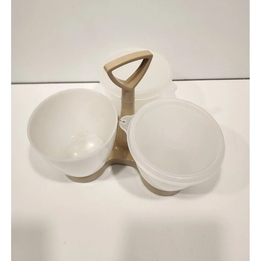 Vintage Tupperware 757-4‎ Tan Base 3 Section Condiment Caddy w/ 2 Lids